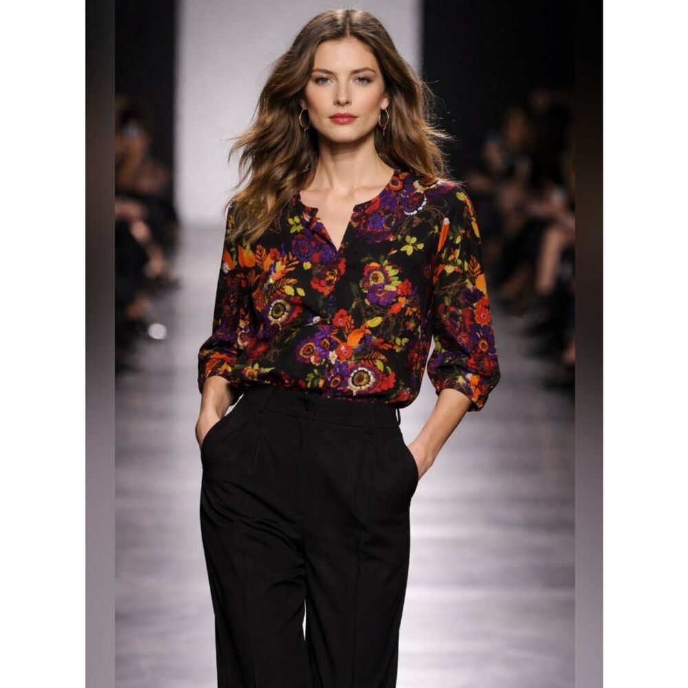 Joseph Black Floral Button-Down Blouse